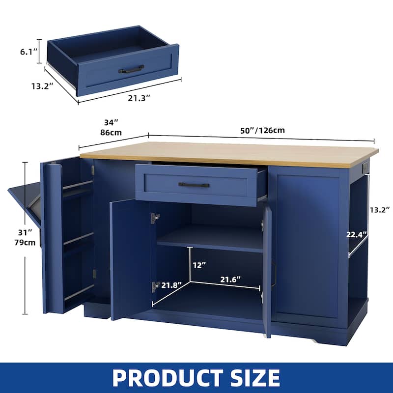 Moasis Rolling Kitchen Island with Trash Can Storage and Power Outlet &Spice Rack