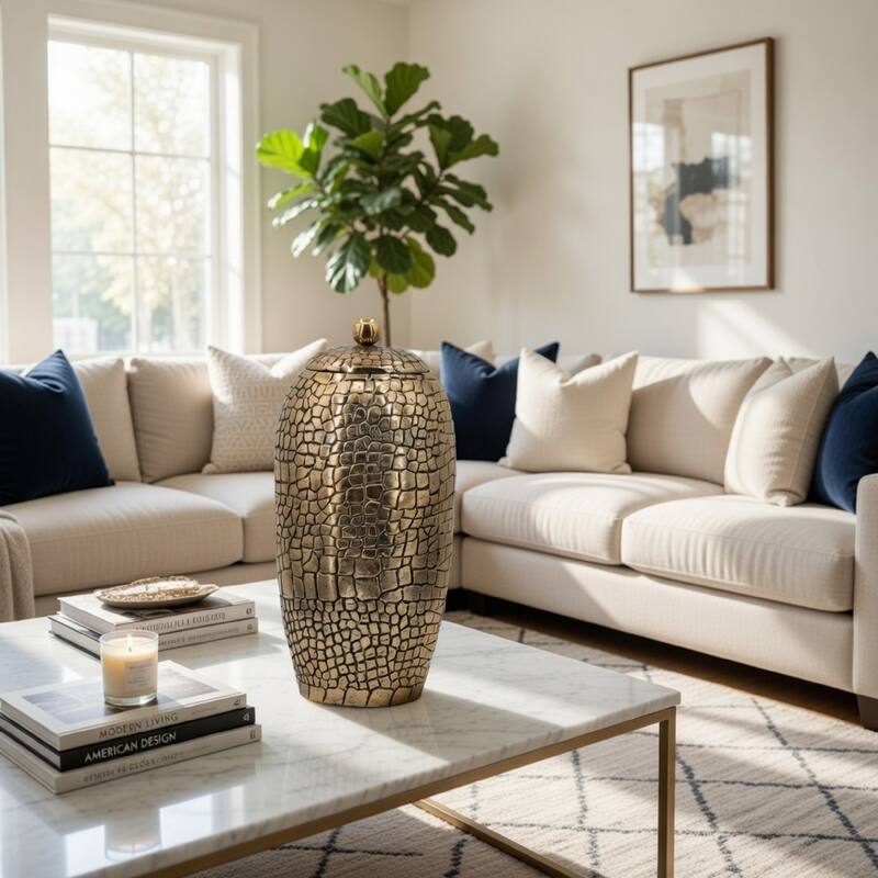 15 Inch Aluminum Urn, Lidded Top, Hammered Texture Antique Gold Finish