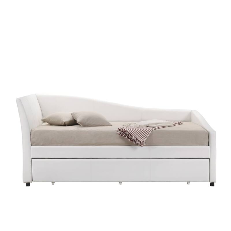 White PU Fully Padded Daybed with RollOut Trundle, Sloped Shape Bed