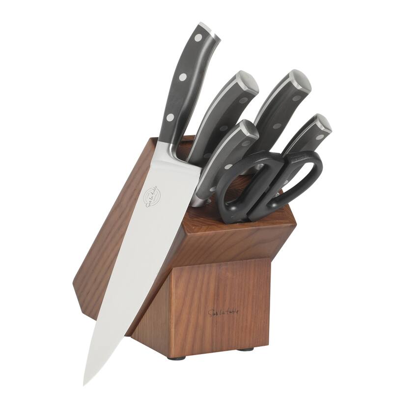 Sur La Table Kitchen Essentials High-Carbon German Steel 7 Piece Forged Cutlery Kitchen Knife Block Set W/ Ashwood Block - Black