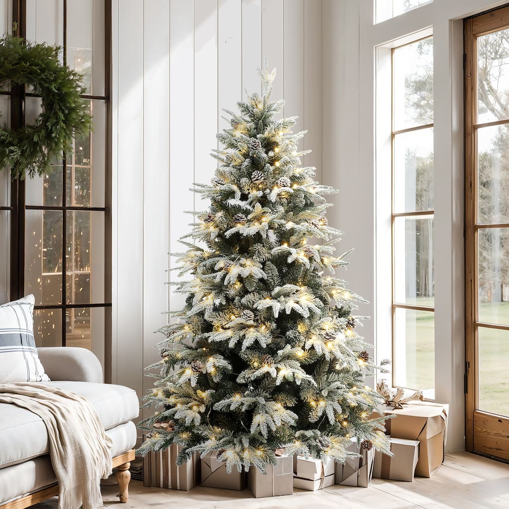 7Ft Pre-Lit Snowy Green Branches Artificial Christmas Tree with Metal Stand - 87.6" H x 50.4" Diameter