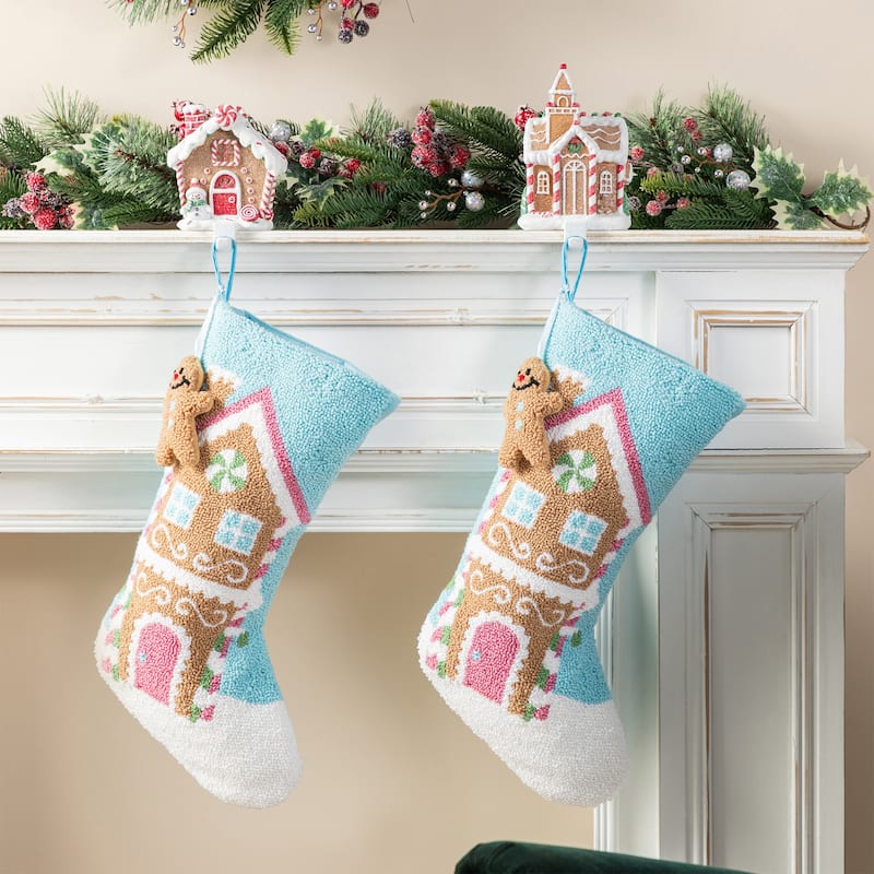 Glitzhome 7.75"H Set of 2 Resin Gingerbread House Stocking Holders with Stockings - 4PK Stockings & Stocking Holders