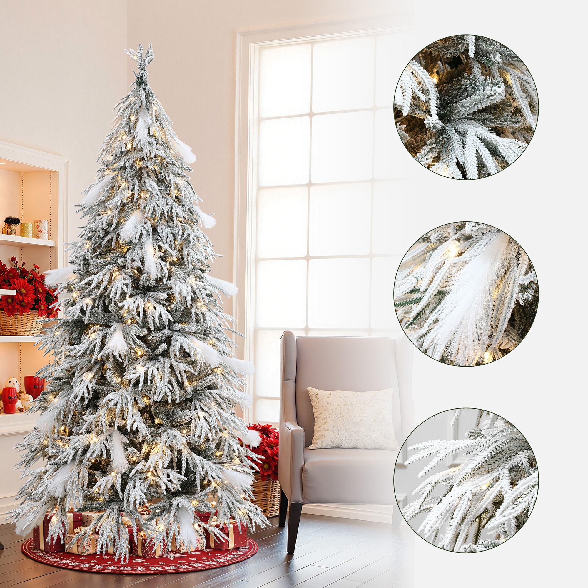 6.5Ft Pre-Lit Flocked Sweeping Branches Artificial Christmas Tree with Stand - 78" H x 45.6" Diameter