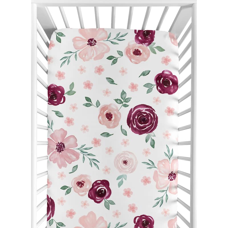 Burgundy and Pink Watercolor Floral Girl Fitted Crib Sheet - Blush Maroon Wine Rose Green and White Shabby Chic Flower Farmhouse