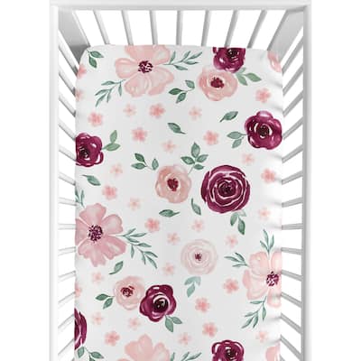 Burgundy and Pink Watercolor Floral Girl Fitted Crib Sheet - Blush Maroon Wine Rose Green and White Shabby Chic Flower Farmhouse