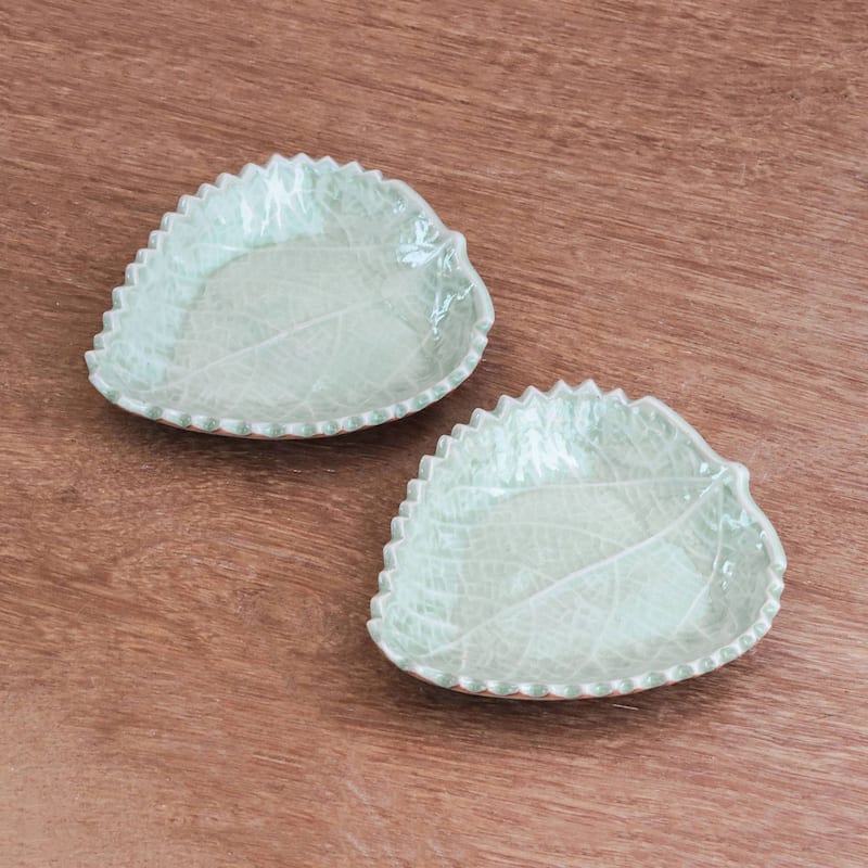 Novica Handmade Leaves Of The Forest Celadon Ceramic Bowls (Pair)
