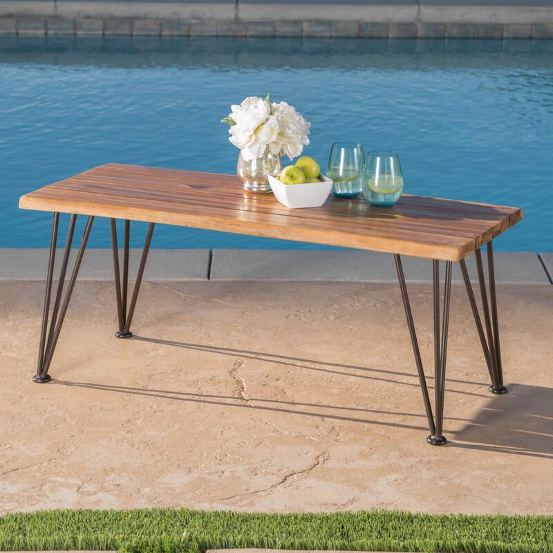 Roomfitters Modern Outdoor Patio Table, Acacia Wood Coffee Table with Hairpin Iron Legs, for Garden or Poolside, Natural - Natural