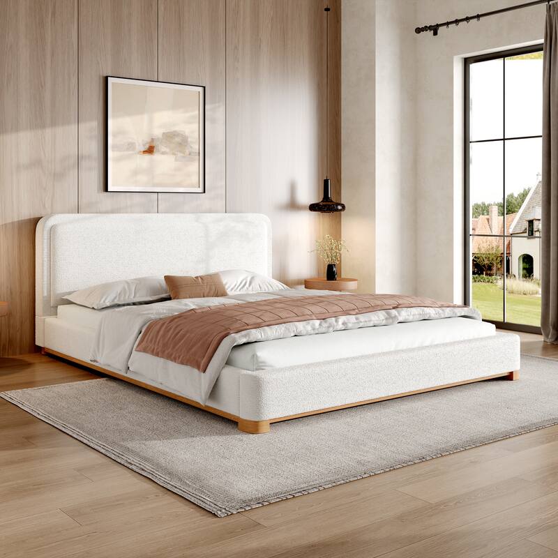 King/Queen Size Bed Frame with Boucle Upholstered Curved Headboard and Solid Wood Platform - Queen