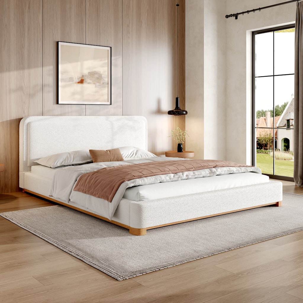 White Platform Bed Wingback Frame with Boucle Upholstered Curved Headboard, Solid Wood Base Low Profile Bed