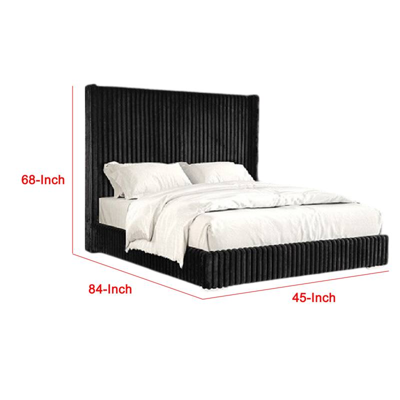 Wolo Twin Bed, Black Fur Chenille Ribbed Upholstery, Wing Headboard