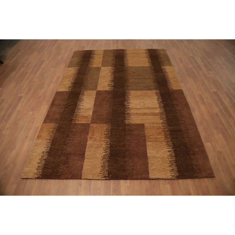 Hand Knotted Oriental 100% Wool Carpet Modern Geometric Brown Gabbeh Area Rug - 7' 11'' X 5' 8''