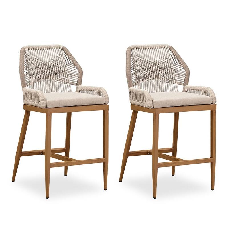 PURPLE LEAF 2 Set of Modern Bar Stool with Backrest and Arm,Upholstered Chair and Aluminum Legs - Twill - Counter Height