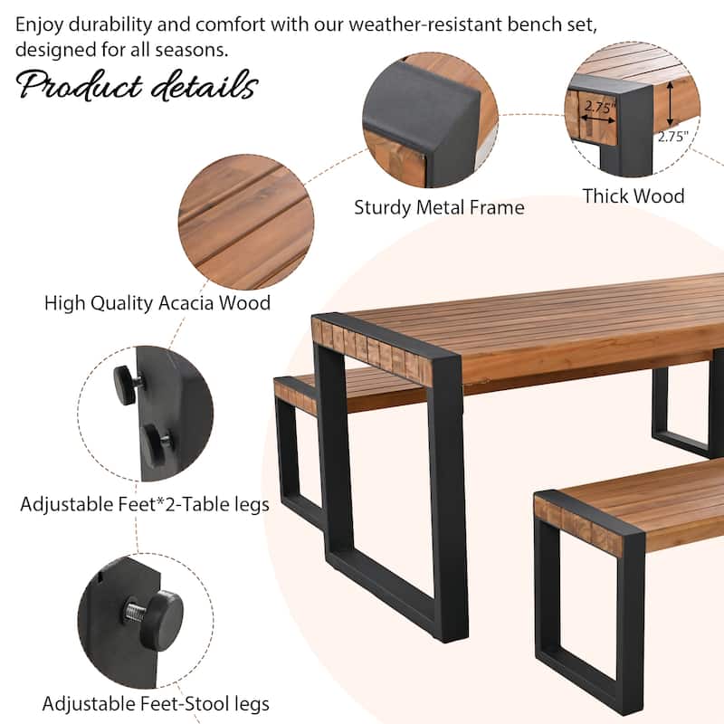 Roomfitters 3-Piece Outdoor Dining Set with Rectangular Table and 2 Benches, Industrial Patio Picnic Furniture, Acacia Wood