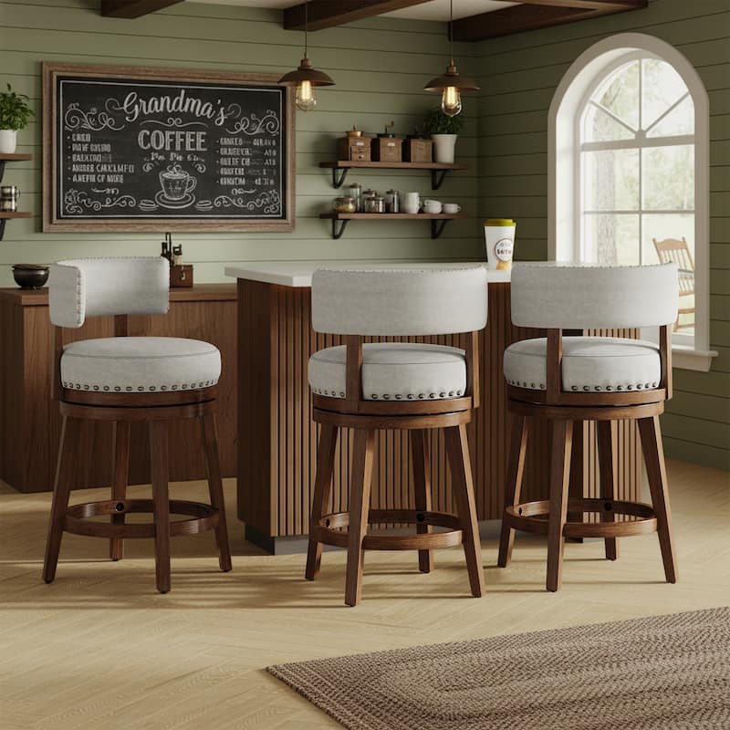 Modern Velvet Swivel Bar Stool - 25" or 30" Counter Height with Adjustable Footrest & Walnut Base, for Kitchen Islands - Set of 3 - Beige - Counter Height