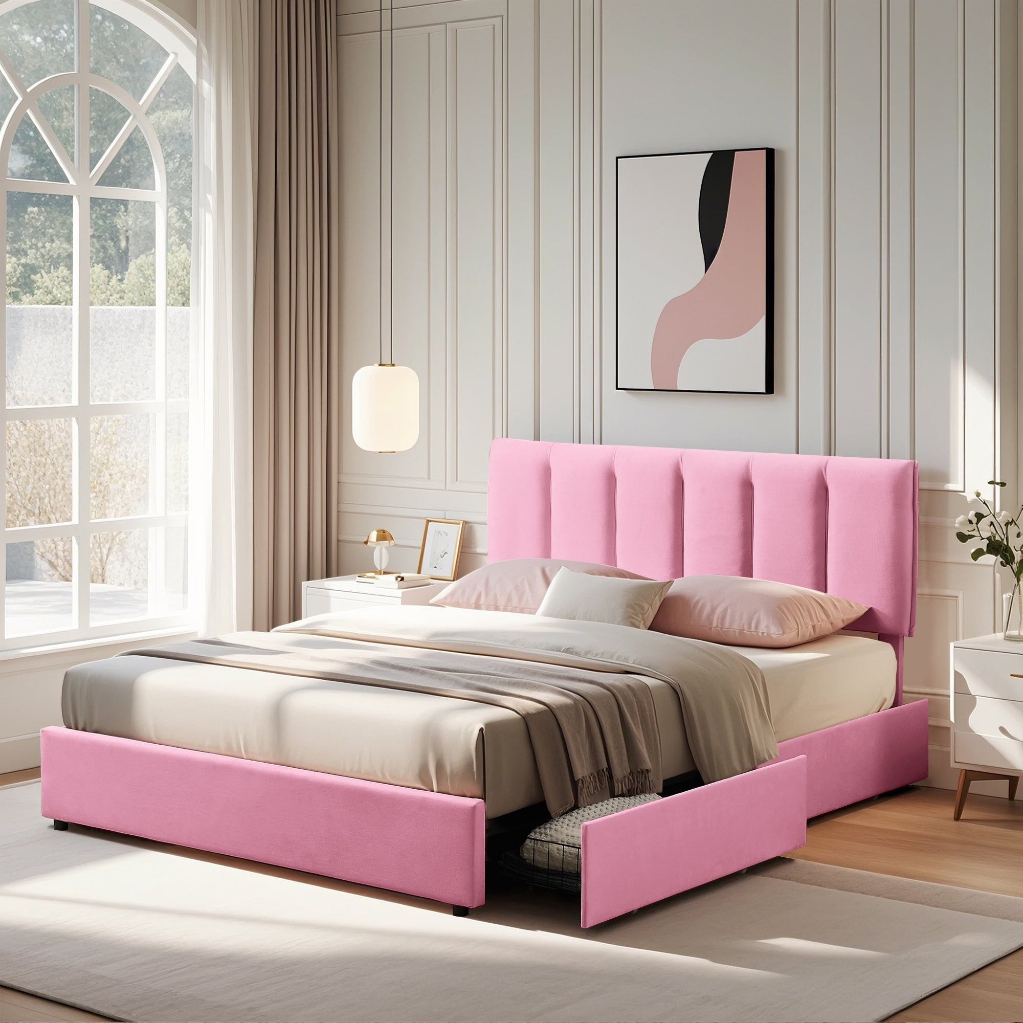 Pink Bed Frame with 4 Storage Drawers, Upholstered Platform Bed Frame with Adjustable Headboard