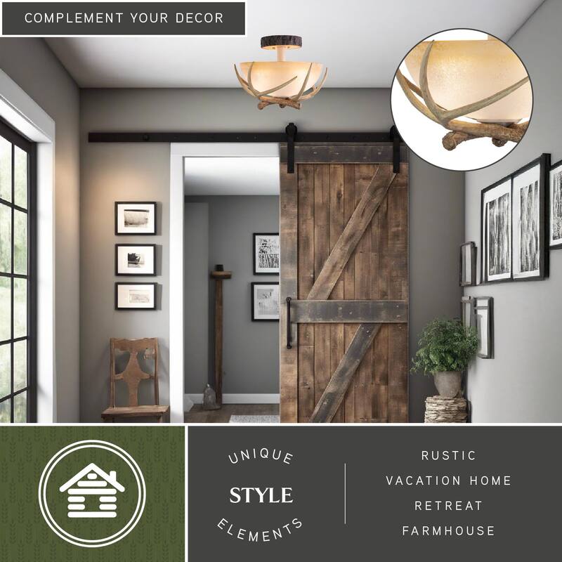 Lodge 16-in W Cream Rustic Antler Bowl Semi Flush Mount Ceiling Light Cream Glass - 16-in W x 12.75-in H x 16-in D