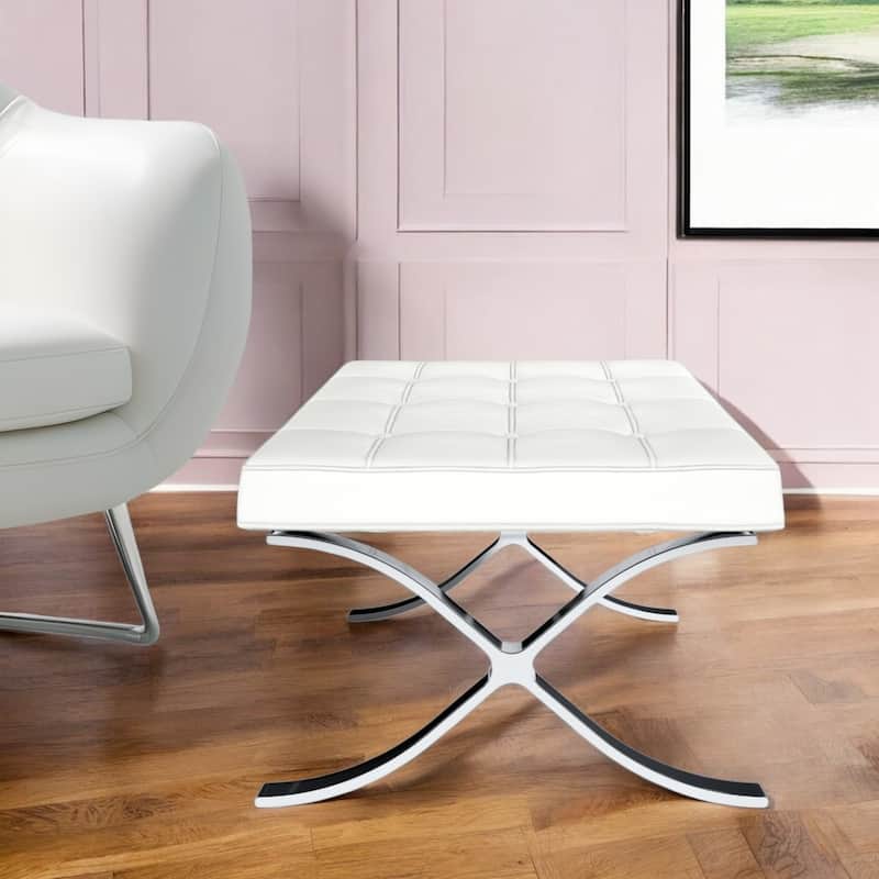24-Inch Leather Footstool Ottoman with Silver Tufted Design and X Base