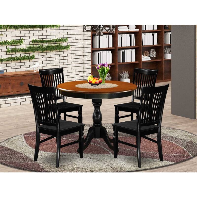 HomeStock 5-Piece Black and Cherry Finish Solid Wood Top Dining table with 4 Chairs with Slat Back
