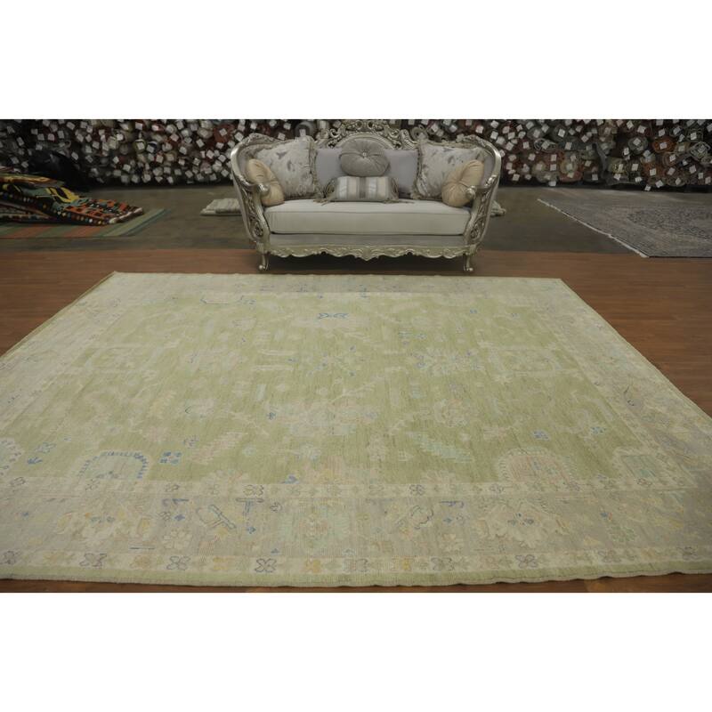 Vegetable Dye Green Oushak Turkish Area Rug, Floral Geometric Carpet - 11' 9'' X 9' 1''