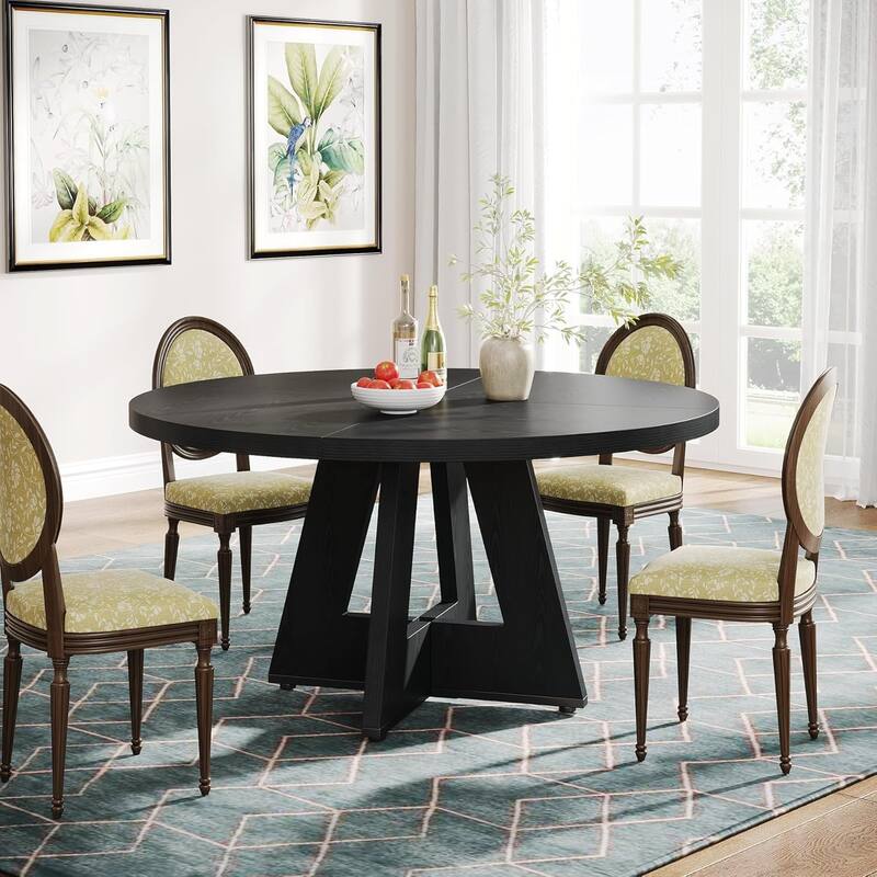 47" Round Wood Dining Table 4-Seater Farmhouse with Wooden Tabletop Cross Base for Dining Room/Kitchen - Black