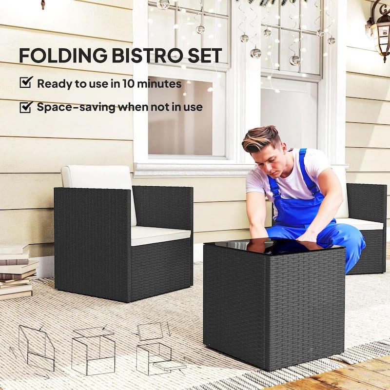 Folding Wicker Bistro 3-Piece Outdoor Set with Cushions and Glass Top