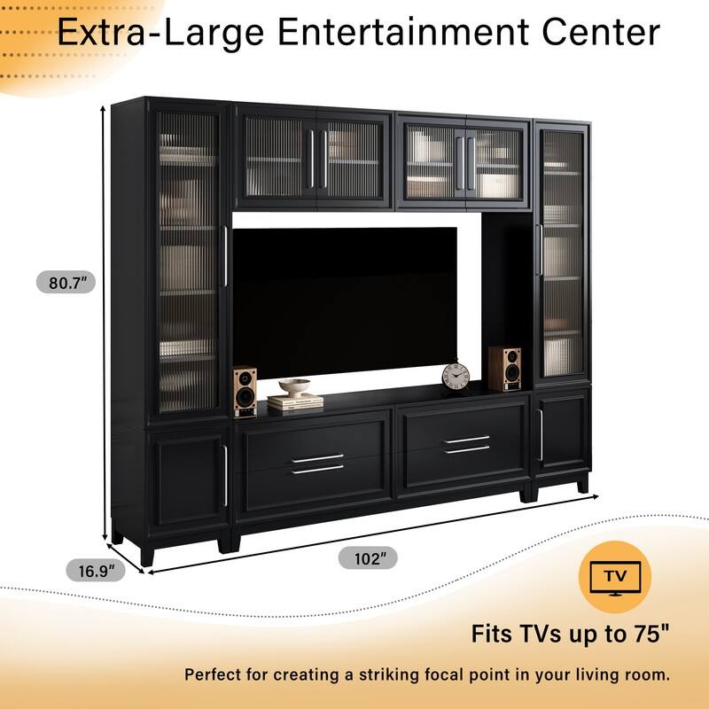 Modern 102" W Wall Unit Entertainment Center for TVs up to 75", Large Media TV Console with Glass Doors and Drawers