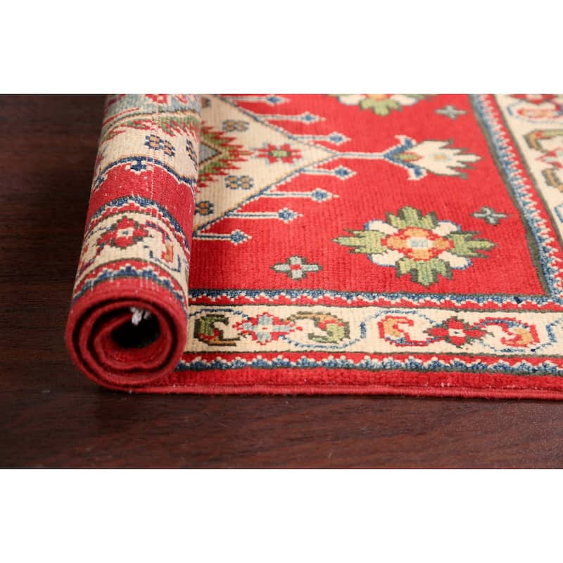 Geometric Super Kazak Oriental Area Rug Hand-Knotted Red Wool Carpet - 2'1" x 3'2"