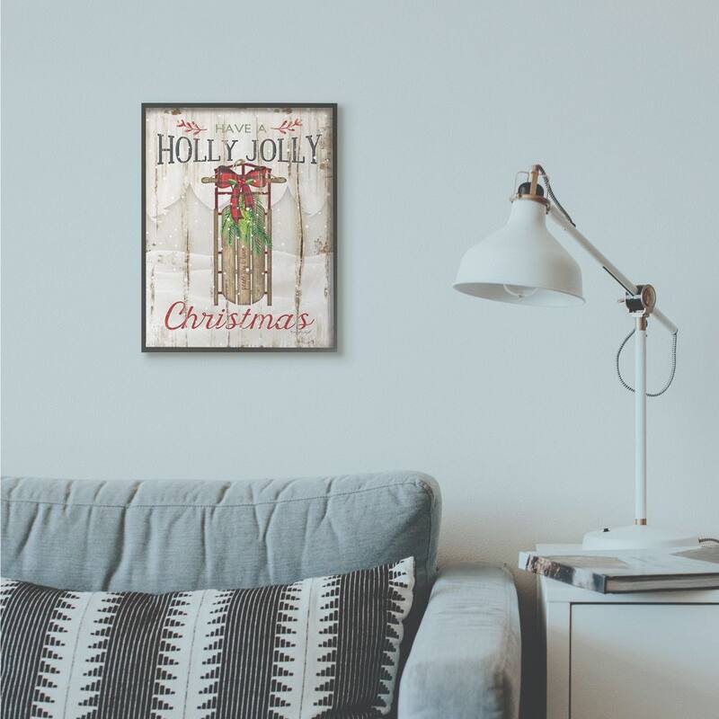 Stupell Holly Jolly Christmas Sleigh Wood Texture Holiday Word Design Framed Wall Art, Proudly Made in USA - 16 x 20
