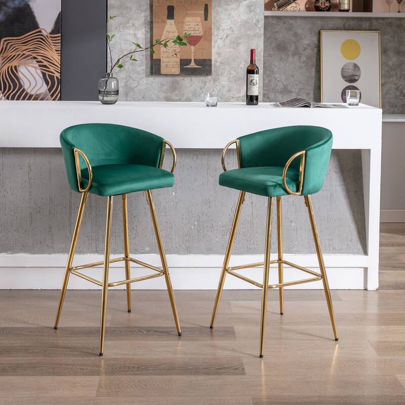 26 Inch Set of 2 Bar Stools,with Chrome Footrest and Base Velvet + Golden Leg Simple Bar Stool,GRAY