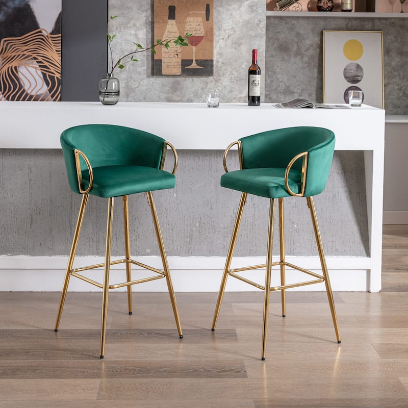 Set of 2 30" Bar Stools, Green Velvet with Chrome Footrest & Gold Legs