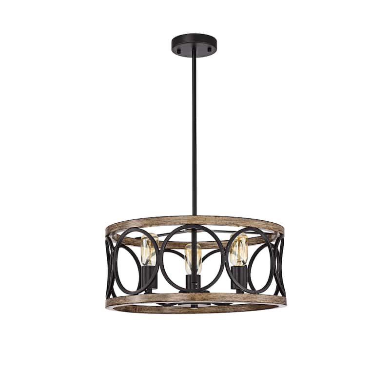 Shacer Matte Black/Faux Wood 3-light Drum Cage Chandelier