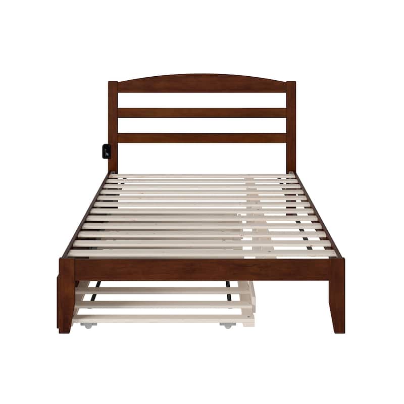 Full Bed with Trundle - Modern Platform Bed Frame, Low Profile, Walnut Finish, Space Saving Design