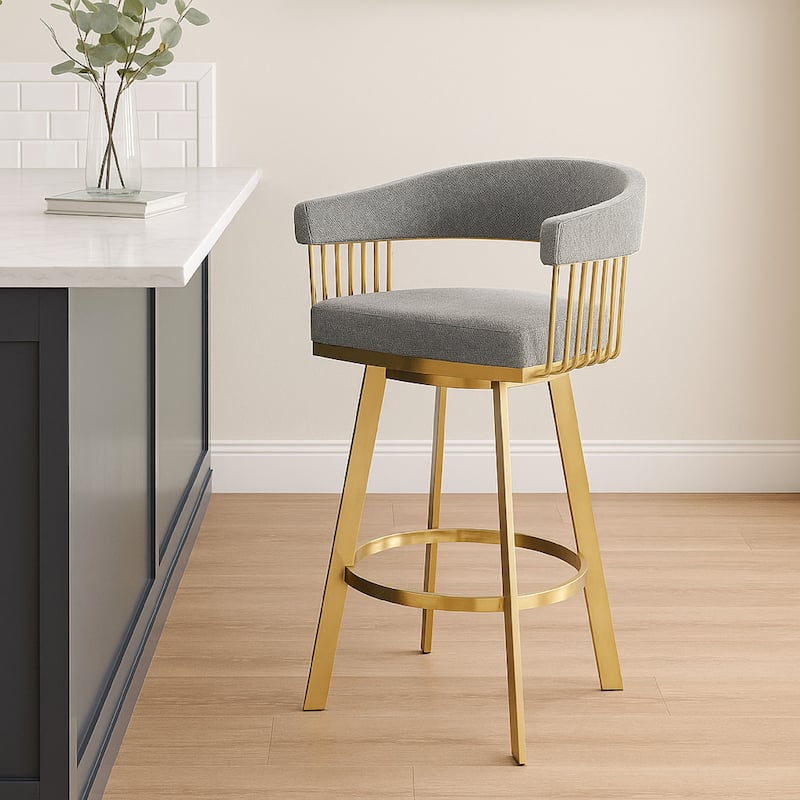 Luci Swivel Barstool Chair, Gold Steel, Tapered Legs, Gray Polyester
