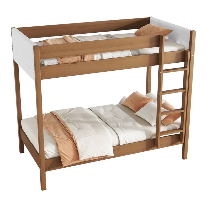 Natural Bunk Bed Twin Over Twin Size Bed Frame with Ladder, Guardrails, Teddy Fleece Fabric Headboard and Footboard
