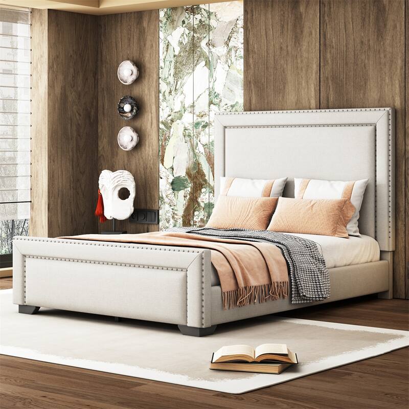 Queen Size Upholstered Bed, Upholstered Bed with Wooden Slats Support