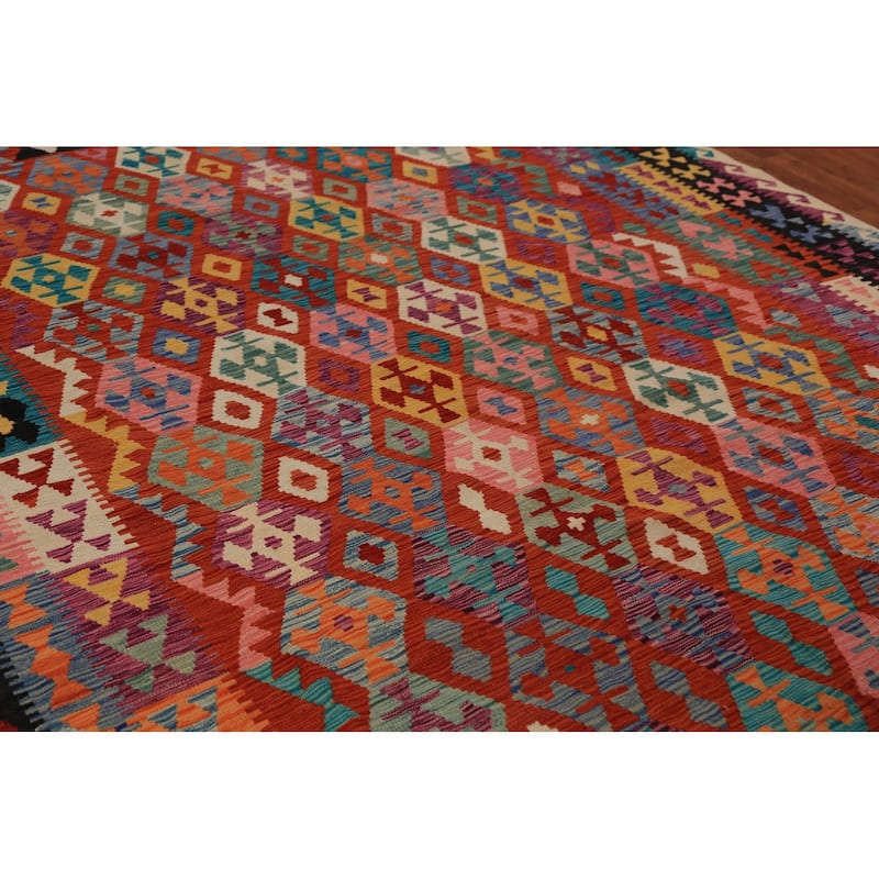 Geometric Kilim Oriental Area Rug Hand-Woven Multi-Color Wool Carpet - 8'1"x 11'1"