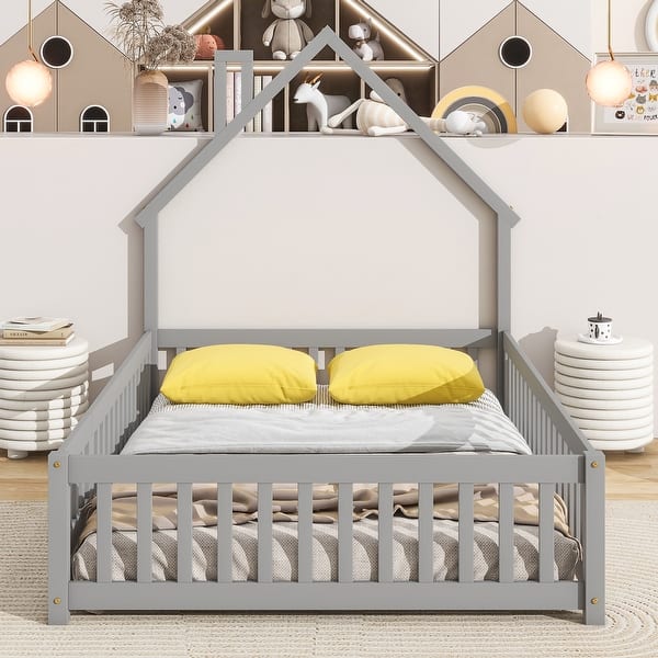 slide 2 of 9, Full Size Montessori Floor Bed with House-Shaped Headboard & Fence Grey - Full
