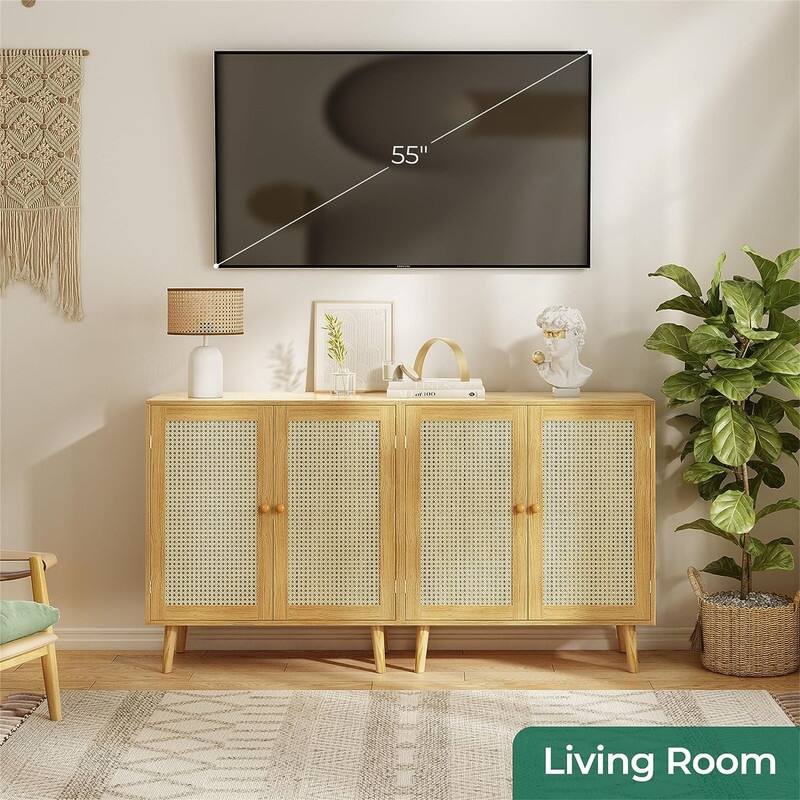 Storage Cabinet with PE Rattan Decor Doors - 15.7"D x 31.5"W x 34.6"H