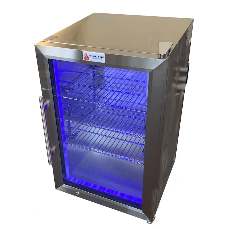 Mont Alpi MAF 2.7 Cubic Ft Stainless Steel Portable Outdoor Rated Glass Door Compact Lockable Refrigerator with Blue Lighting