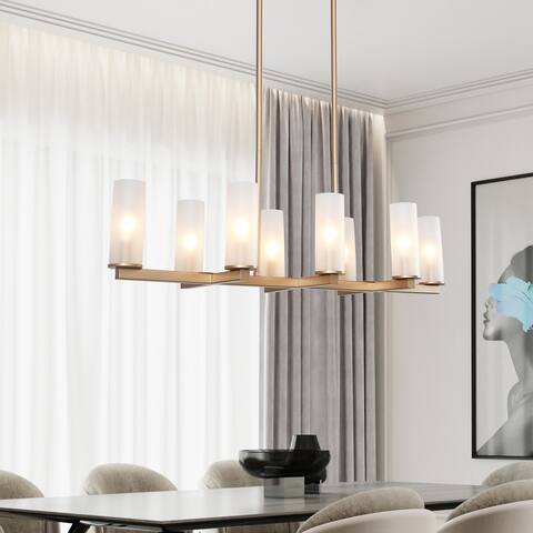 Modern Gold 8-light Chandelier Linear Kitchen Island Wheel Ceiling Light Frosted Glass - Antique Gold - L32.5"x W11"x H 65"