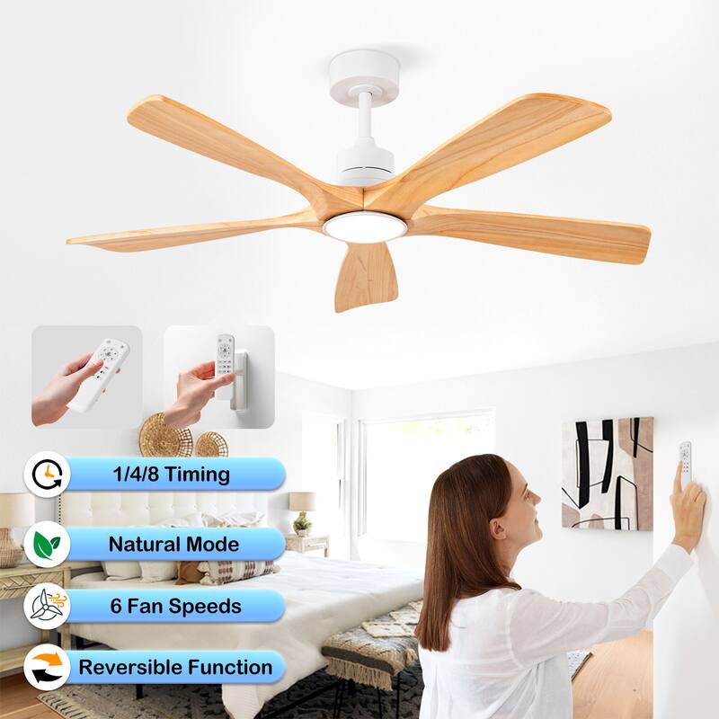 42/52 Inch Ceiling Fan,Electric Fan with Lights & Remote Control,Dimmable 3-Color LED - 52 Inches - White and Beige Solid wood Blades