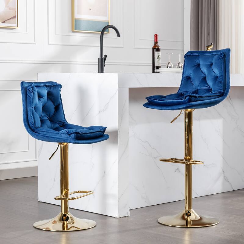 Set of 2 Bar Stools,with Chrome Footrest,Base Swivel Height Adjustable Mechanical Lifting Velvet + Golden Leg Simple Bar Stool - Blue