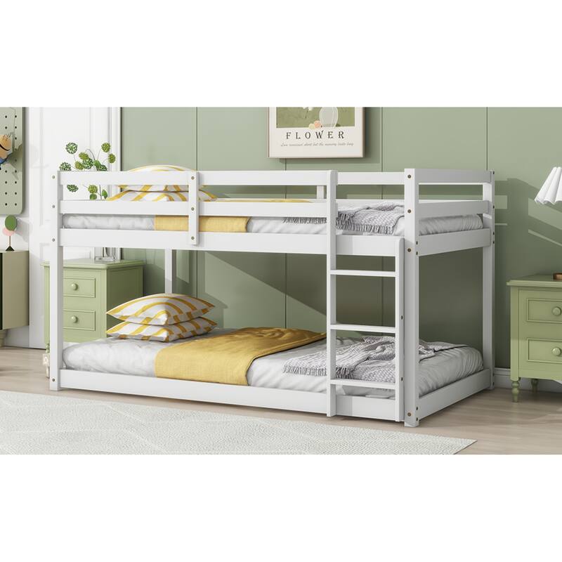 Roomfitters Solid Rubber Wood Twin over Twin Floor Bunk Bed with Ladder, Reinforced Slat Platforms, Low Height Design