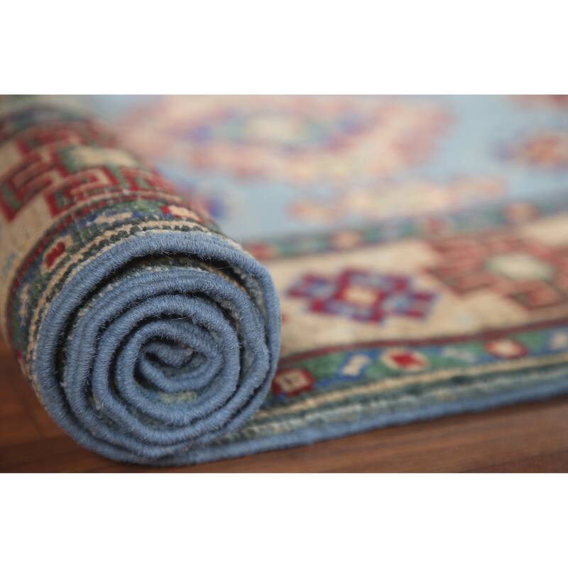 Hand Knotted Oriental 100% Wool Carpet Traditional Geometric Navy Blue & Blues Kazak Runner Rug - 6' 6'' X 2' 9''