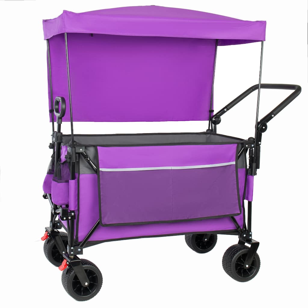 Multi-Functional Push-Pull Folding Wagon Cart with Rotating Handle & Canopy,7"x4"All-Terrain Wheels & Brakes,300L Large Capacity