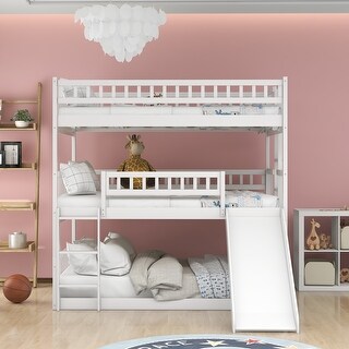 Triple Bed with Built-in Ladder and Slide , Triple Bunk Bed with Guardrails