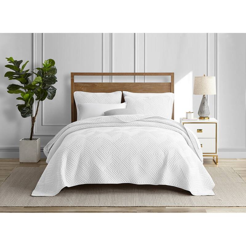 Garment Wash Grid Stitched Ultra Soft Microfiber 3-Piece Quilt Set - WHITE - Full - Queen