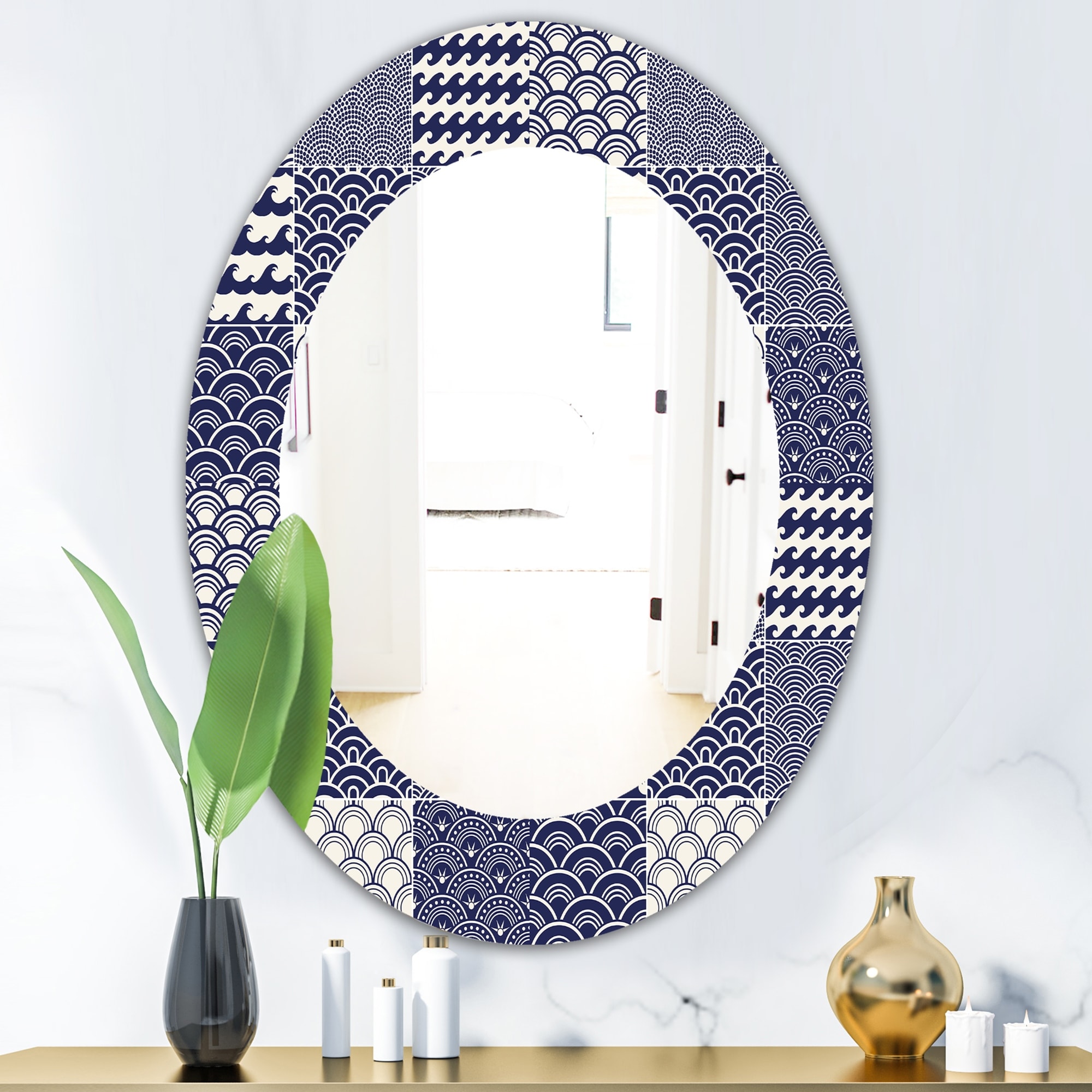 Designart Japanese Ocean Wave Pattern Traditional Mirror Oval Or Round Wall Mirror Blue On Sale Overstock 28558157