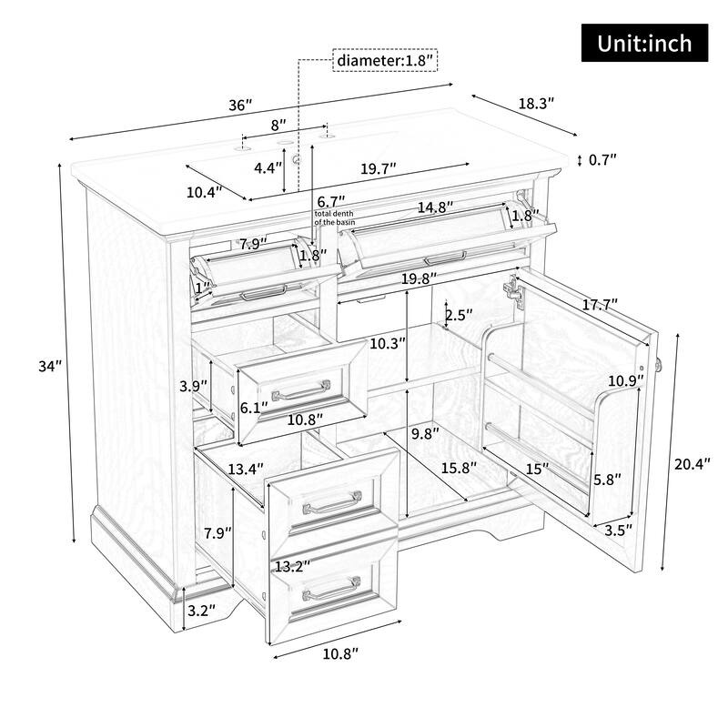 36" Bathroom Vanity with Ceramic Sink - 4 Drawers + Soft-Close Door, Pre-Drilled for 8" Faucet