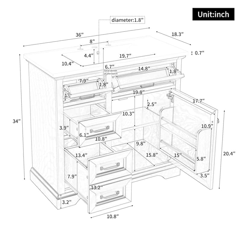 36" Bathroom Vanity with Ceramic Sink Top, 4 Drawers, 1 Soft-Close Door, Freestanding Storage Cabinet, 8" Faucet Ready